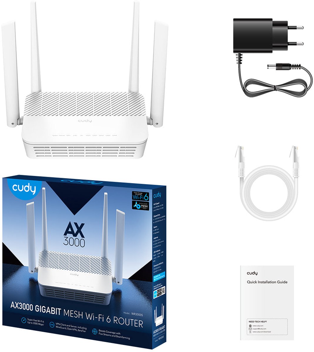 Cudy AX3000 Wi-Fi 6 Mesh Router – Dual-Band 2.4/5 GHz – 2402+574 Mbps – 4x Gigabit LAN – 200 Devices – Zwart – foto 3