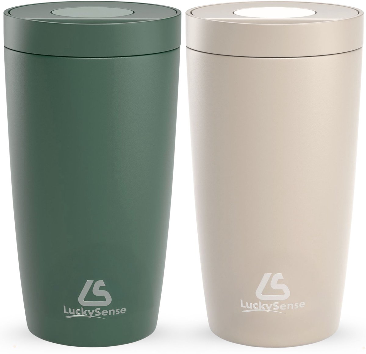 LuckySense® Koffiebeker to go - Set van 2 - Thermosbeker - Travel Mug - 380ml - RVS - Lekvrij - Donkergroen & Taupe