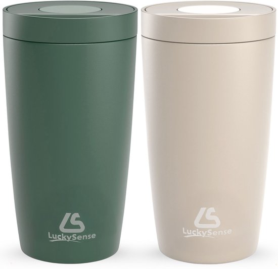 Twee LuckySense thermosbekers, één donkergroen en één taupe, naast elkaar.