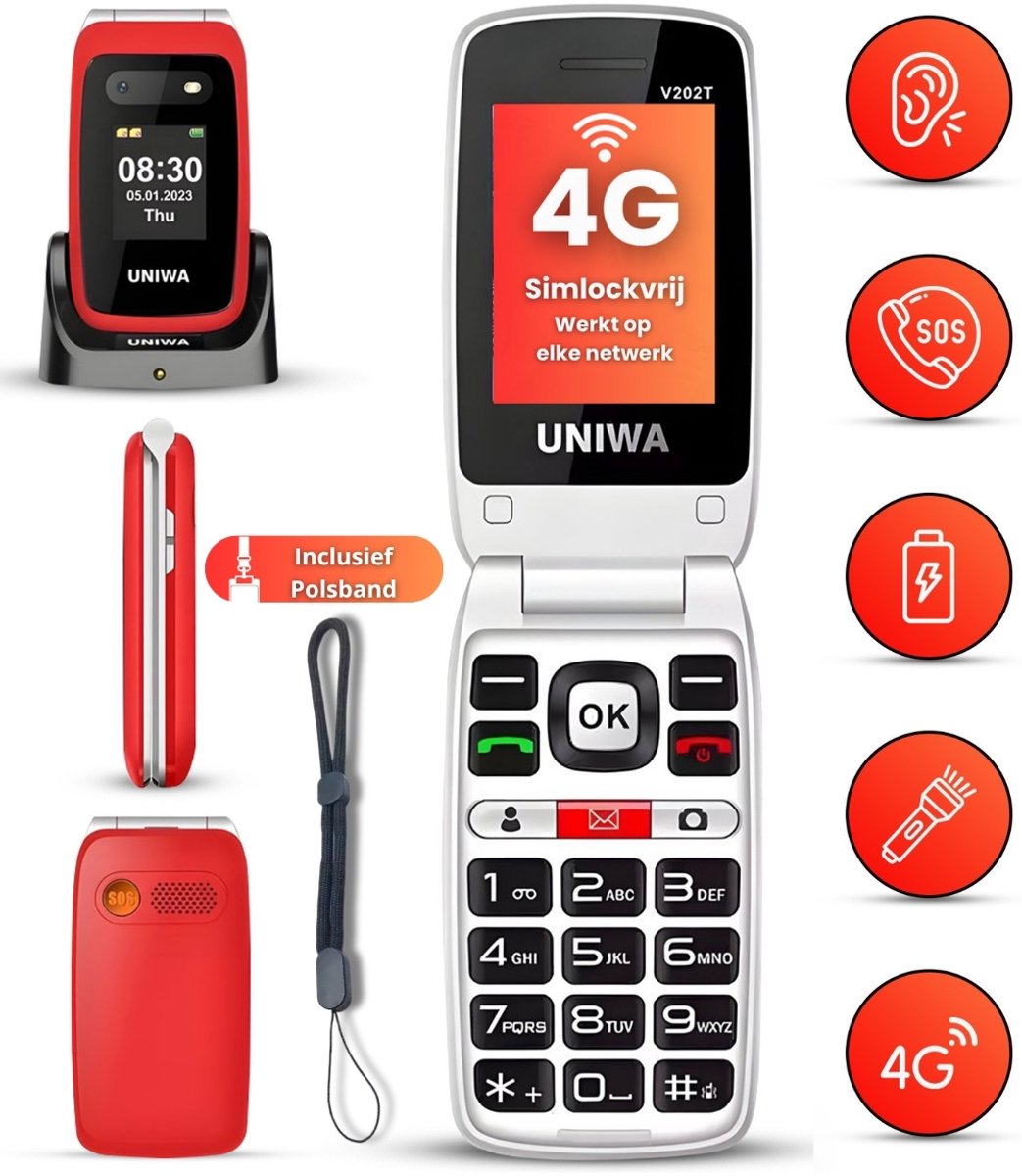 Senioren Telefoon Uniwa Klapbaar GSM - Grote Toetsen en 2.4″ Scherm - Rood - 128MB