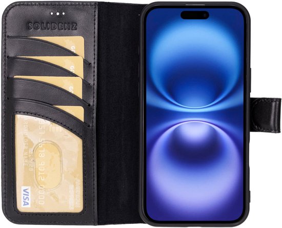 Étui en cuir iPhone 16 Plus - Solidenz Bookcase Étui en cuir iPhone 16 Plus - Cuir véritable - Étui téléphone avec porte-cartes - Étui en cuir pleine fleur - Noir