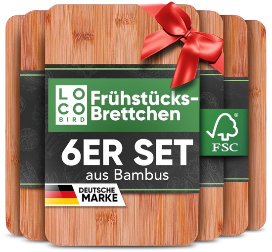 Loco Bird Ontbijtplanken Houten Set van 6 - Houten Snijplank 22x14cm - Bamboe Plank om te Graveren - Houten Keukenplank, Robuuste Snackplank, Kleine Snijplank, Snackplank, Snijplank