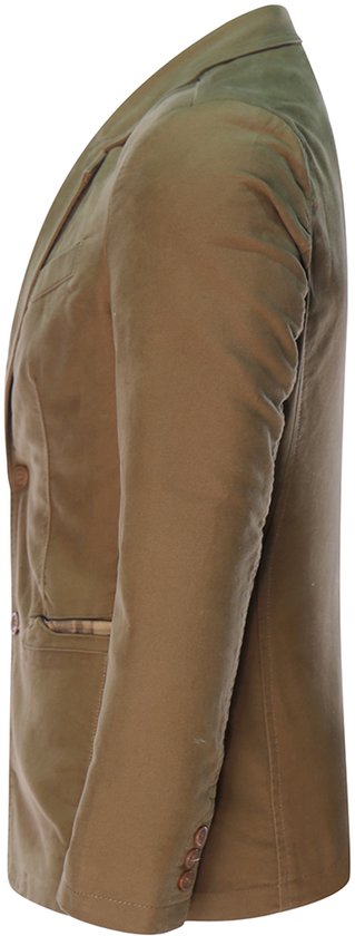 Bruine katoenen blazer, profiel van de linkerkant met één knoopsluiting en horizontale zakken.