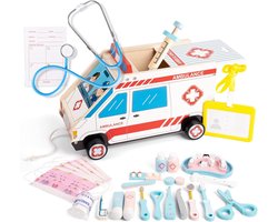 Dastium Kids - Doktersset Speelgoed - Houten Speelgoed Ambulance- Montessori Speelgoed - Houten Speelgoed Doktersset - Inclusief Acccessoires en Opberger