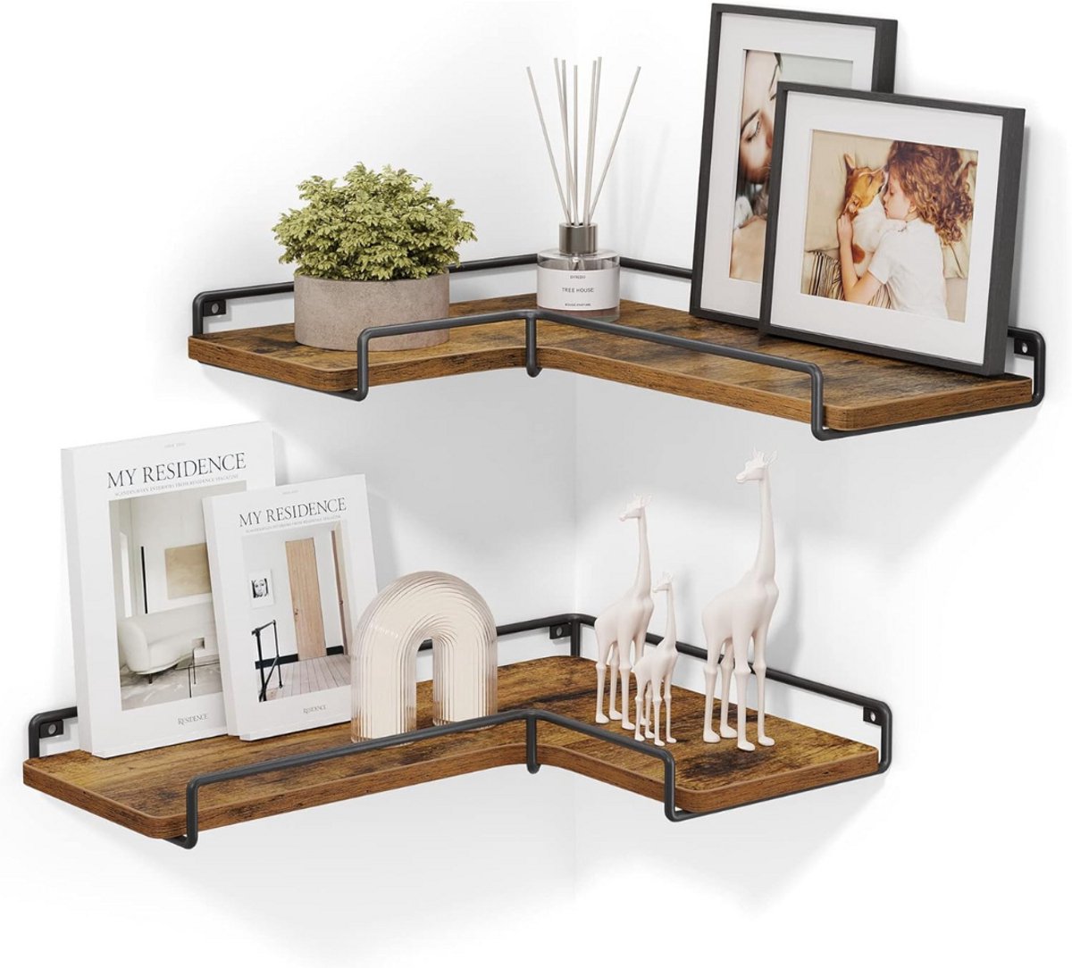 Wandplank - Houten Plank Wandmontage - Hoekrek Display Decor - Hoekplank - Organizer voor Slaapkamer Keuken Badkamer - Bruinzwart