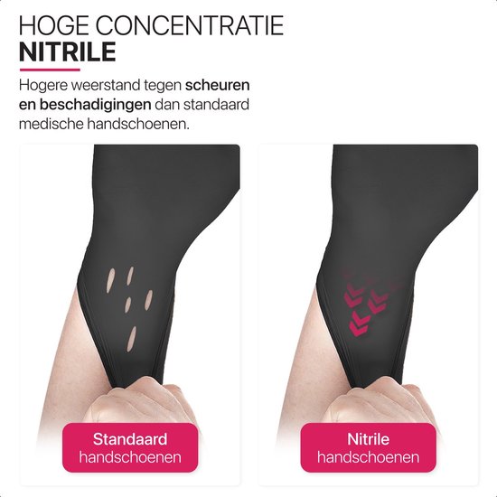 Vergelijking van standaard handschoenen met nitril handschoenen, met de nadruk op hoge concentratie nitrile en weerstand tegen scheuren.