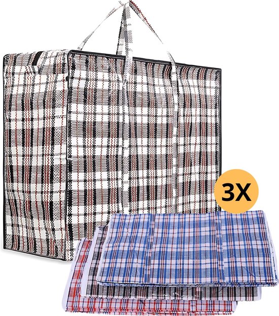 Le sac de rangement Snuffelaar® XXL | Grand acheteur | Sac de voyage extra large | Grand sac à provisions | Poche à carreaux | Mega sac | Sac à linge | Sac shopping avec fermeture éclair – 3 pièces