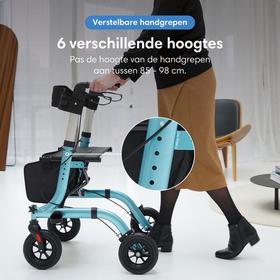 Een turquoise rollator met een zitje, rugleuning en handvatten. De tekst geeft aan dat de handvatten verstelbaar zijn in 6 hoogtes.