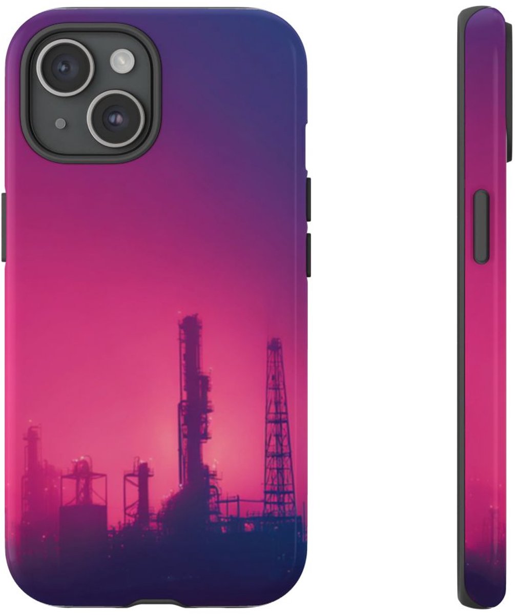 Industrieel Silhouet met Neon Gloed – Telefoonhoesje Geschikt voor iPhone 15