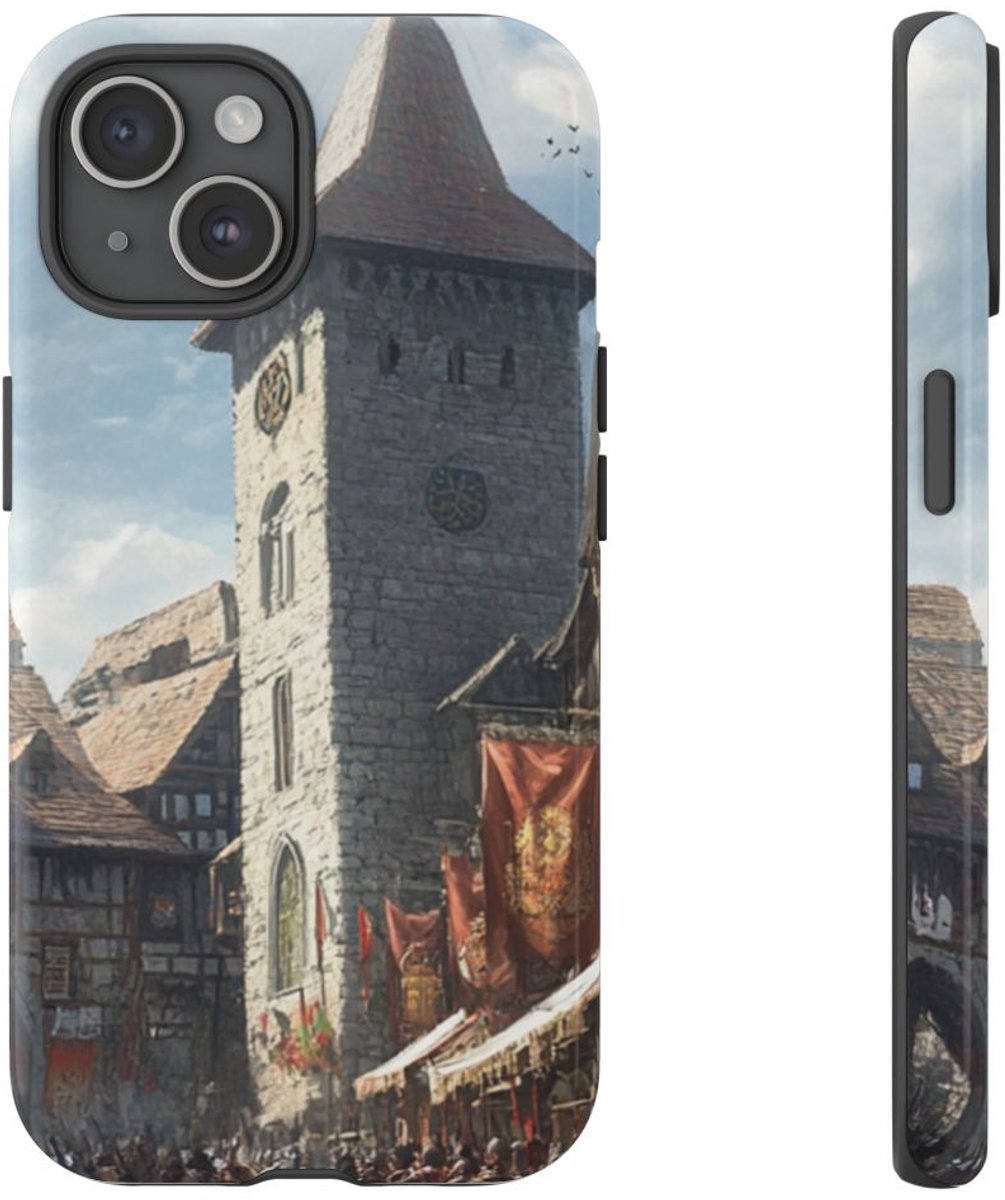 Middeleeuws Europees Dorpsstraat Tafereel – Telefoonhoesje Geschikt voor iPhone 15