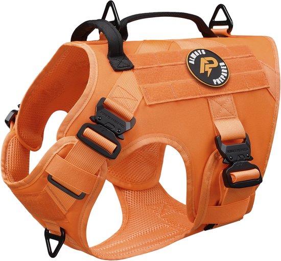 Harnais pour chien orange avec boucles noires et poignée, sur fond blanc.