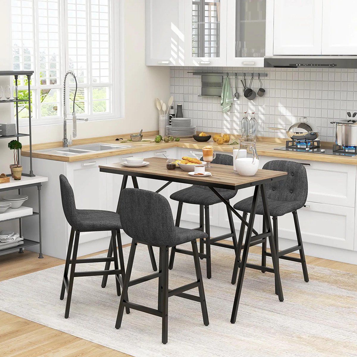 Sweiko Set tafel en stoelen - 1 Tafel - 4 Stoel - Dikke vulling - Linnen - Donkergrijs