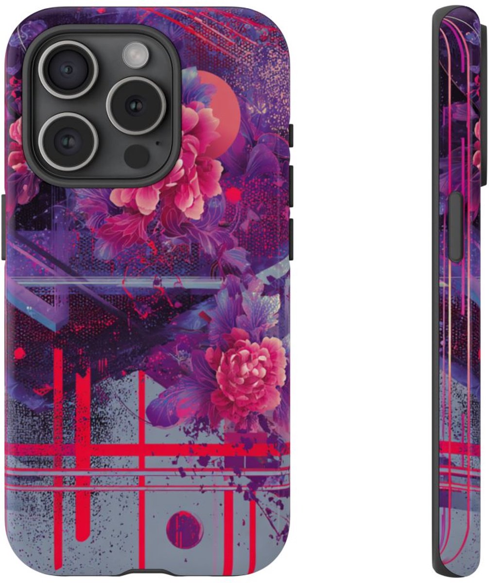 Abstracte Neonbloemen en Geometrie – Telefoonhoesje Geschikt voor iPhone 15 Pro