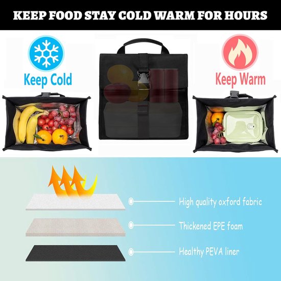 Geïsoleerde opvouwbare lunchtas met verstelbare riem - lichtgewicht draagbare lunchbox voor mannen, vrouwen, kantoor, werk, picknick, wandelen en strand (zwart (harde stof)) van Gogooda — afbeelding 2