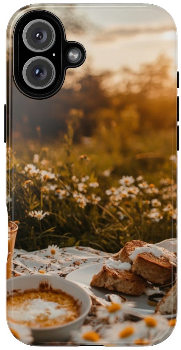 Zonnig Madeliefjesveld Ontbijtscène – Telefoonhoesje Geschikt voor iPhone 16 Plus
