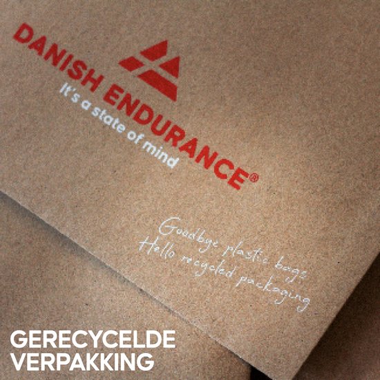 Bruine kartonnen verpakking van Danish Endurance, met rode logo en tekst 'It's a state of mind' en 'Gerecyclede verpakking'.