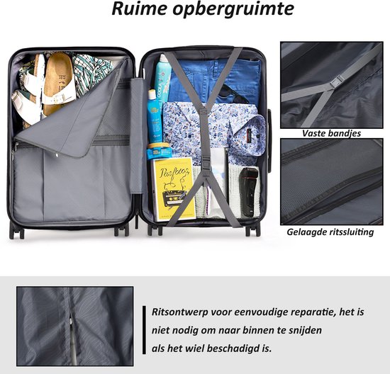 Een open, gele koffer met kleding, schoenen en toiletartikelen. Bevat riemen en ritsvakken voor organisatie.