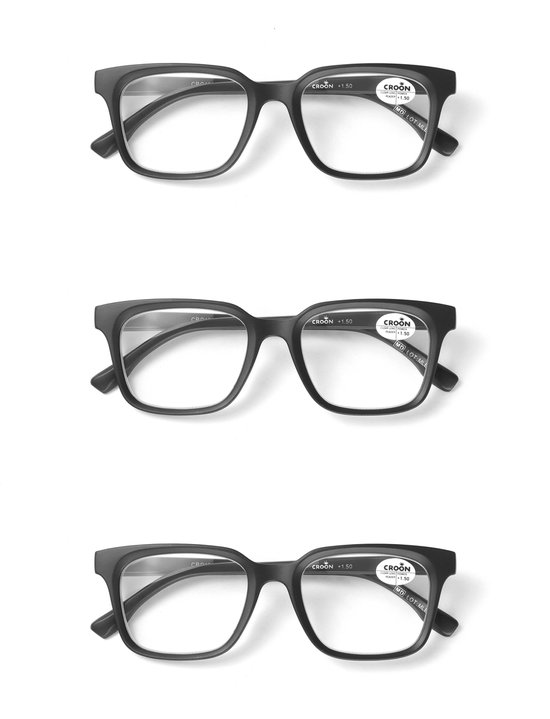 MyReadingGlasses.nl - Croon - lunettes de lecture - lunettes de lecture avec correction - Femme - Homme - SET - Carré 3 - pièce - couleur - Velours noir - Avec correction +2,00