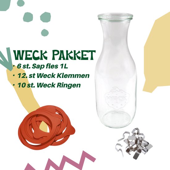 Weckpot set / Weck Sap fles 1L/ Weckringen / Inmaakringen/ ø60 / 10st. Ringen / Glas 6st. / Weck pot / Flessen