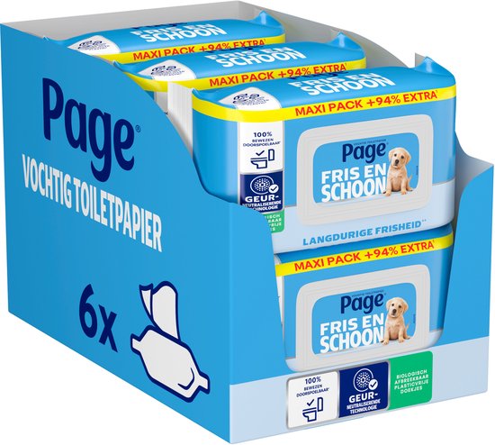 Page® vochtig toiletpapier - Fris en Schoon (Compleet Schoon) Maxi - langdurige frisheid - 444 velletjes - 6 x 74 stuks - Voordeelverpakking
