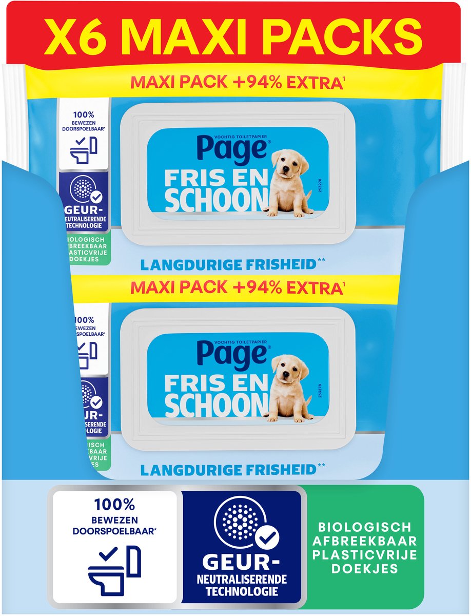 Page® vochtig toiletpapier - Fris en Schoon (Compleet Schoon) Maxi - langdurige frisheid - 444 velletjes - 6 x 74 stuks op Prijzenvolger.com