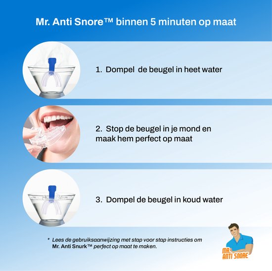 Instructies in drie stappen om de anti-snurkbeugel op maat te maken, inclusief onderdompelen in heet water, in de mond plaatsen en onderdompelen in koud water.