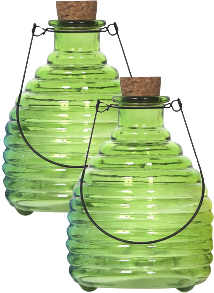 Luance Wespenvanger/wespenval met hengsel - 2x - glas - groen - D13 x H17 cm