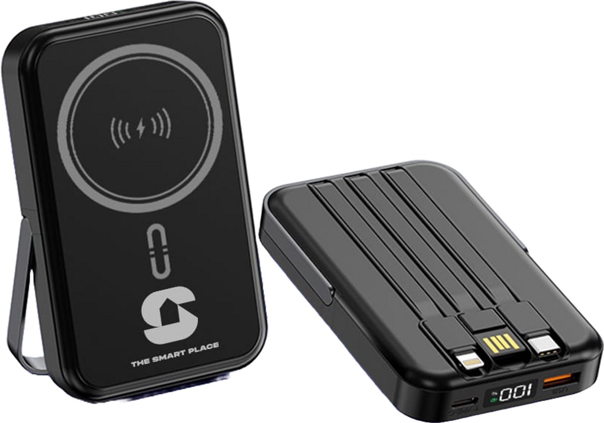 The Smart Place® 10.000mAh Powerbank – Draadloos Opladen – Magnetisch & Ingebouwde Kabels – Snellader 22.5W – Houder – Zwart – Geschikt voor iPhone & Android – Compact en Mobiel