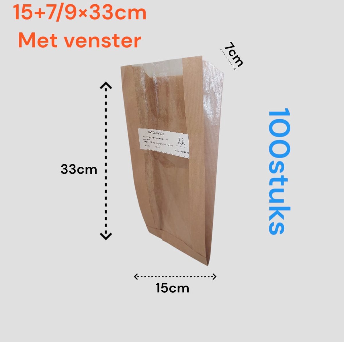 Broodzak met venster - 100 stuks - bruin - 100% papier - 15+7/9x33cm / Kraft vensterzak / Papieren zakjes
