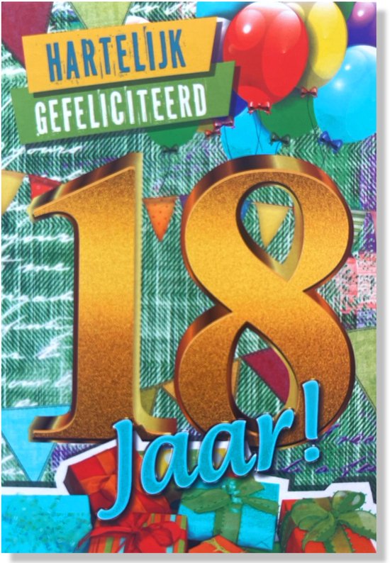 Doré '18 Ans!' avec ballons et cadeaux. Texte: Félicitations.