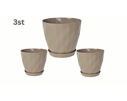 Kristal Design bloempotten - ecologische sierpotten met wateropvangschalen - set van 3 - taupe en UV-bestendig