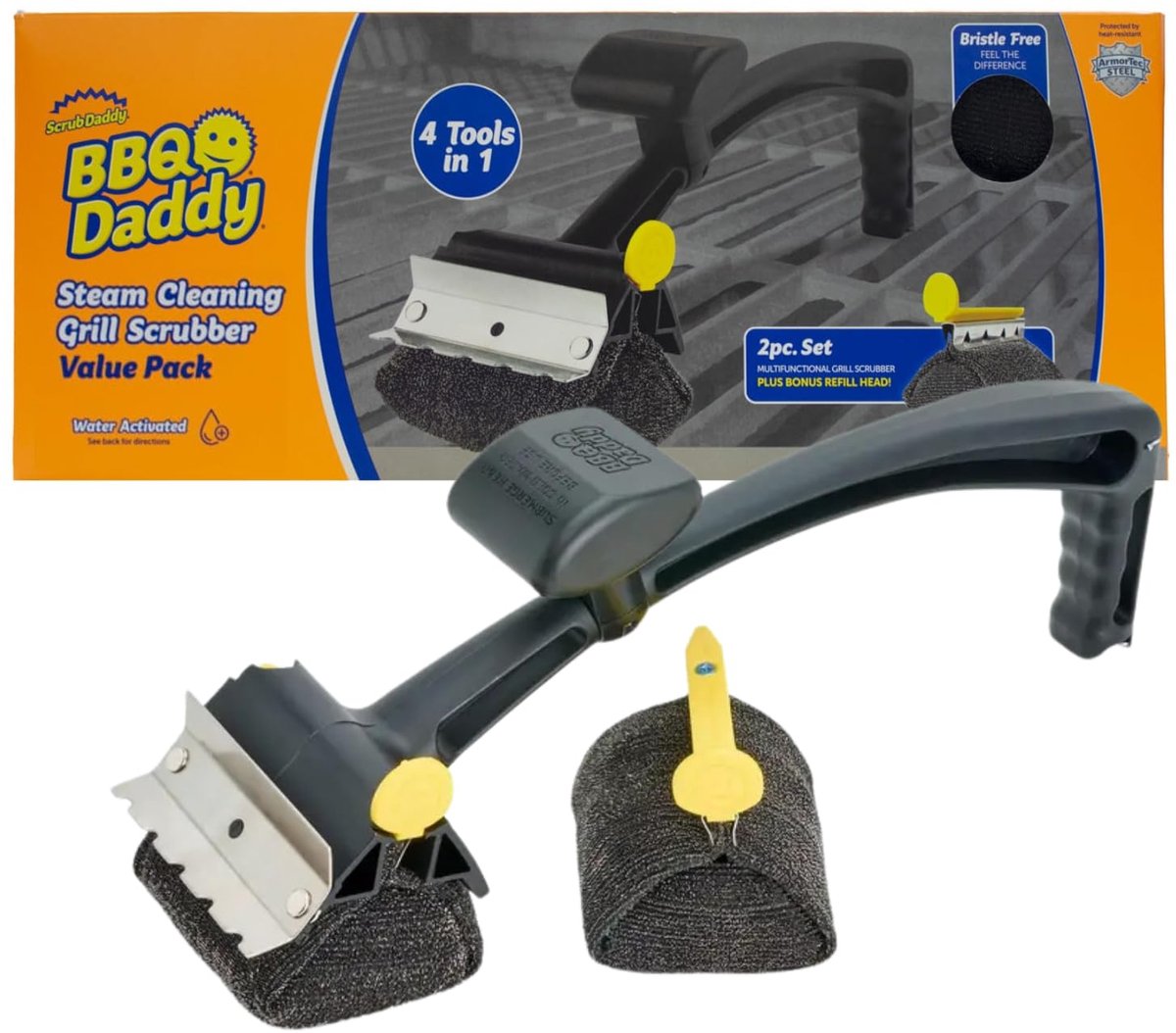 Scrub Daddy BBQ Daddy en navulkoppen - Grillreinigingsborstel met schraper en flesopener, BBQ-borstel voor grillrooster, Grillborstel zonder borstelharen, Grillreinigingsborstels, Hightech reinigingsaccessoires