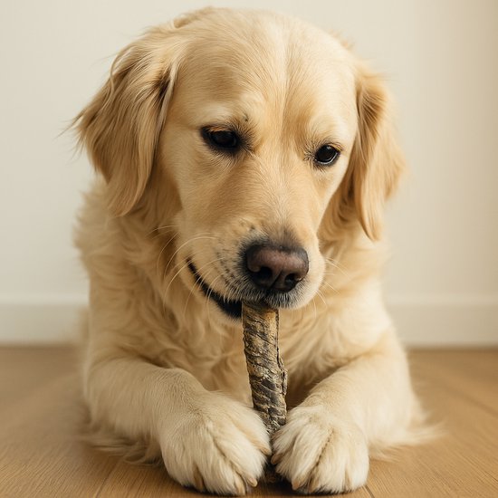 Lichte Golden Retriever die op een gedraaid stuk vis kauwt op een houten vloer.