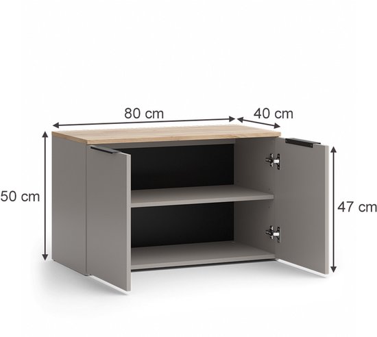 Grijze kast met houten blad, open met 2 deuren en 2 planken binnenin, met afmetingen.