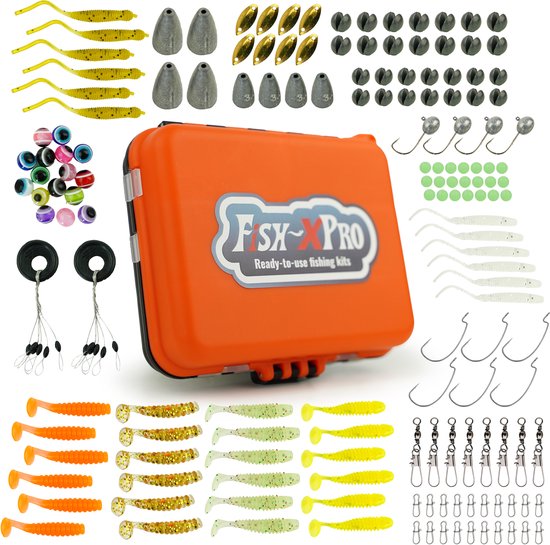 Foto: Fish xpro roofvis visset 205 delig kunstaas softbaits visloodjes vishaakjes wartels lijnstoppers incl tacklebox roofvissen snoek baars