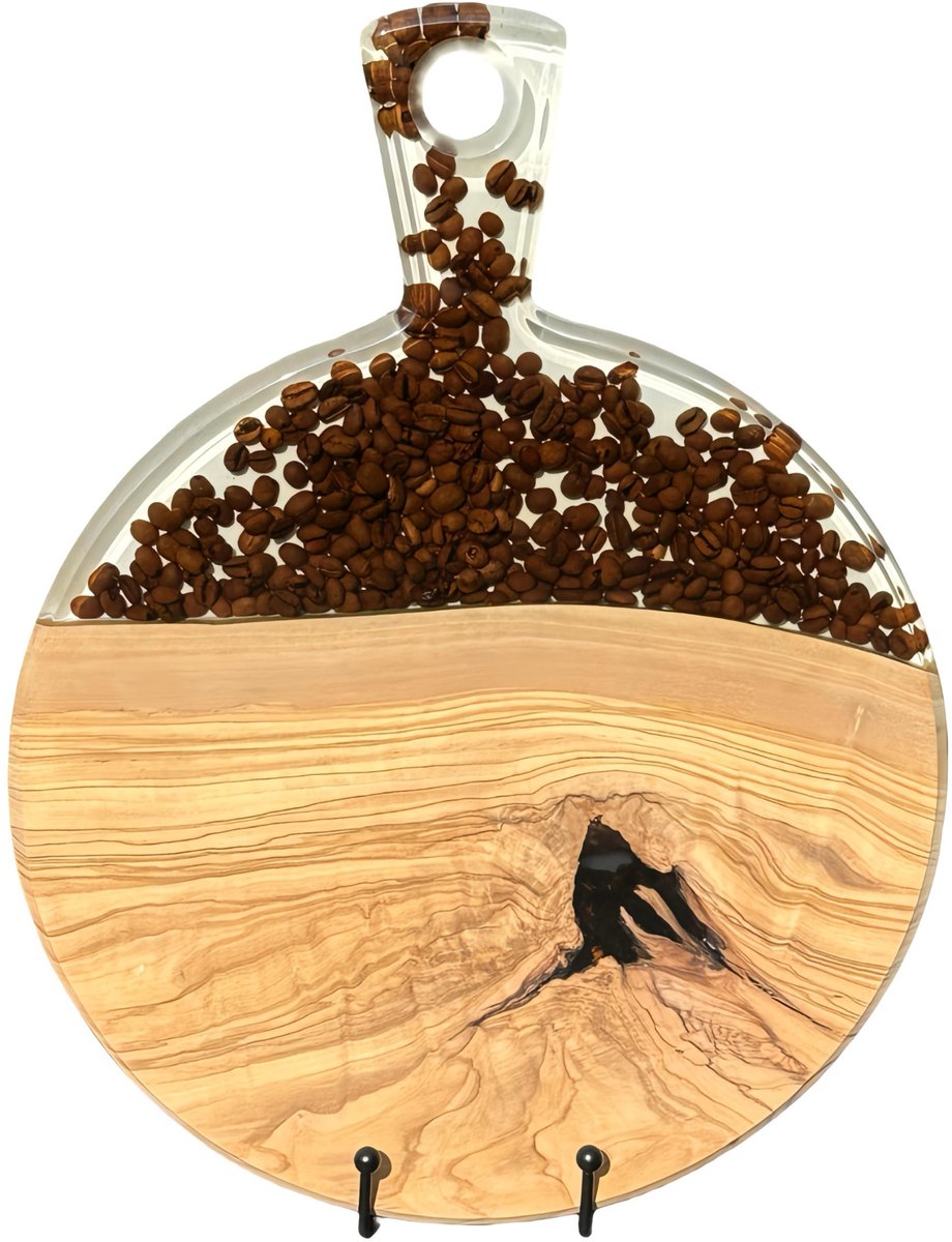 Luxe Serveerplank van Olijfhout en Epoxy – Handgemaakt – Met Ingelegde koffiebonen