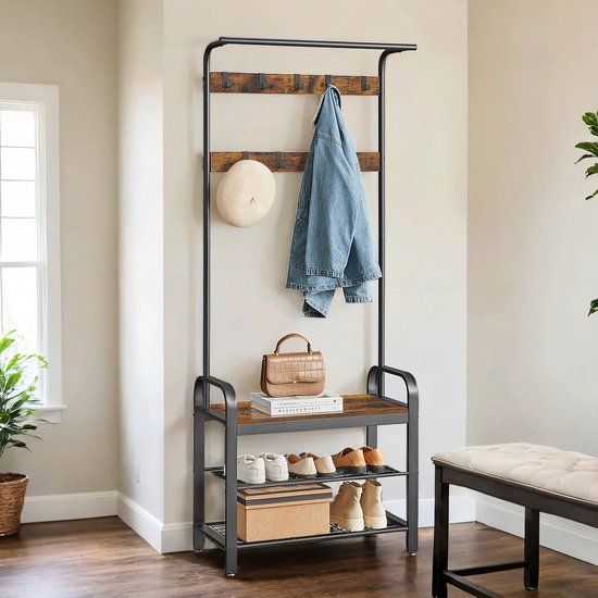 MIRA Cloakroom rack - Porte-manteau avec banc et étagère à chaussures - Multifonctionnel - Industriel - Marron / noir - 74x33,7x183