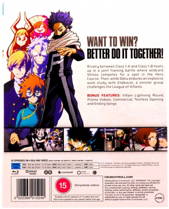 De achterkant van de Blu-ray hoes met anime personages, tekst "WANT TO WIN? BETTER DO IT TOGETHER!".