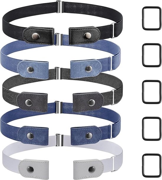 Ceinture élastique pour femme, sans boucle, 6 pièces, ceinture élastique sans boucle, ceinture élastique réglable, élastique, sans boucle, pour femme et homme, blanc, bleu, bleu foncé, noir, gris, café, 105 cm