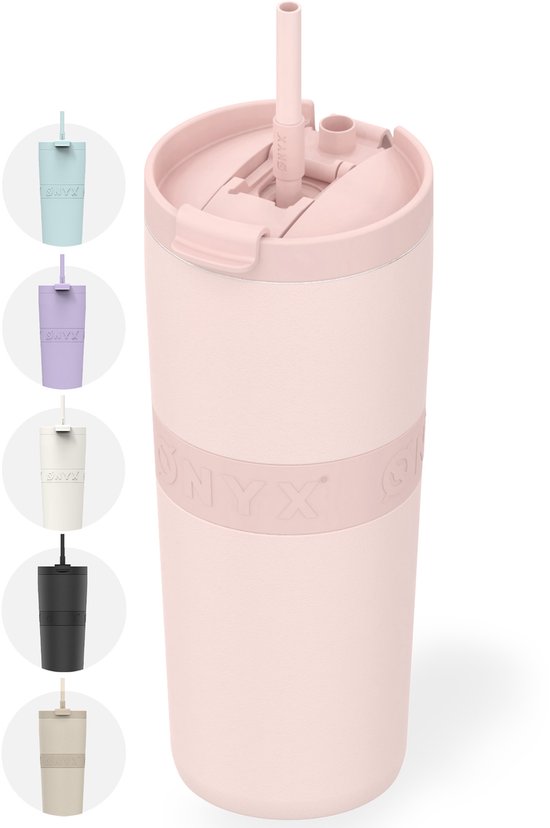 Een roze ONYX beker met rietje. Vijf kleinere cirkels tonen de kleuren lichtblauw, paars, wit, zwart en beige.