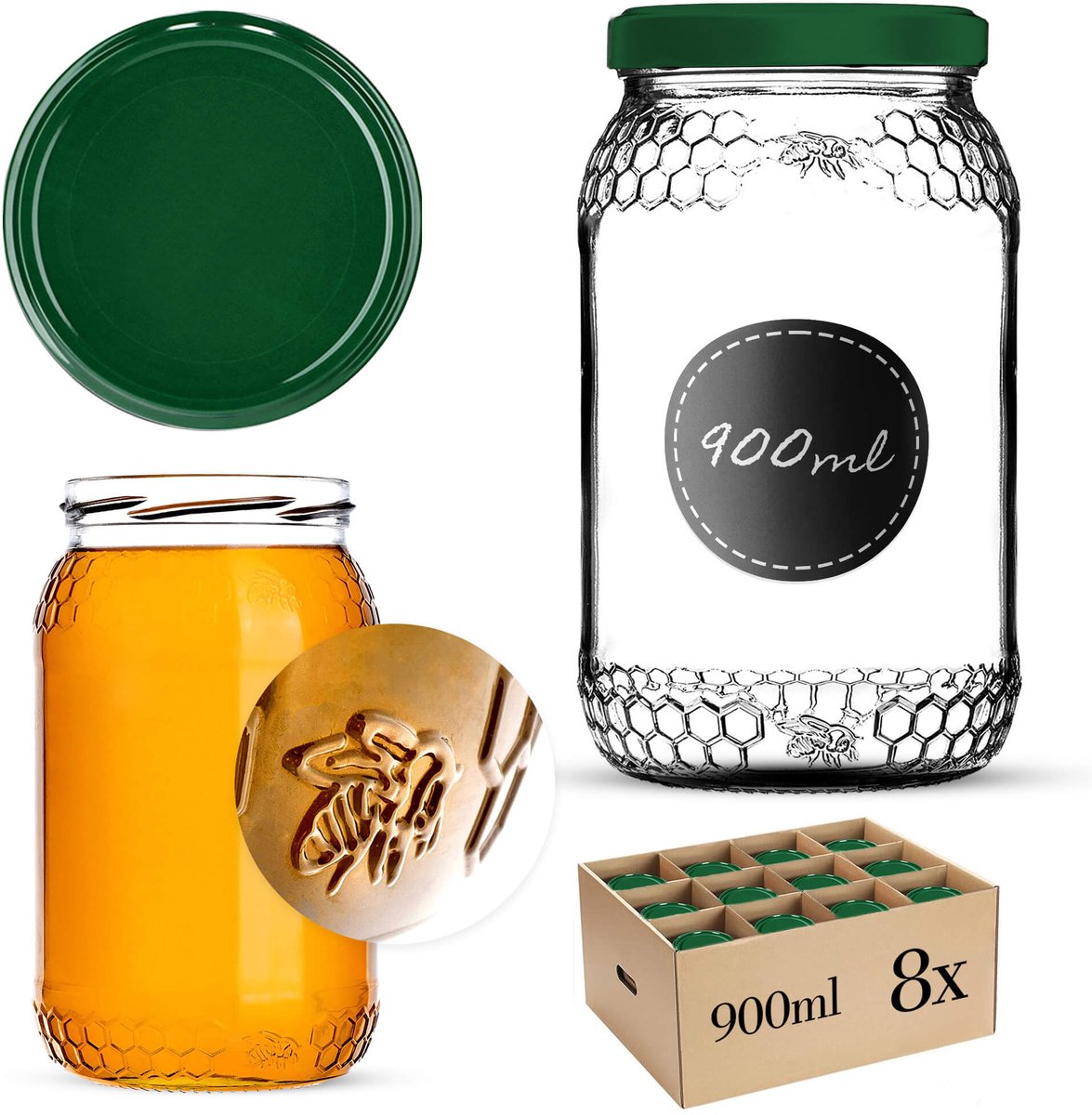 Glazen pot Lierde 900ml 82mm 8 stuks + groene deksels