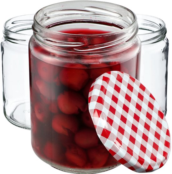 KADAX Weckpotten, 540 ml, inmaakpotten voor schroefdeksel, jampot, voorraadpot, conservenglas, ronde glazen (rood geruit, 8 stuks)