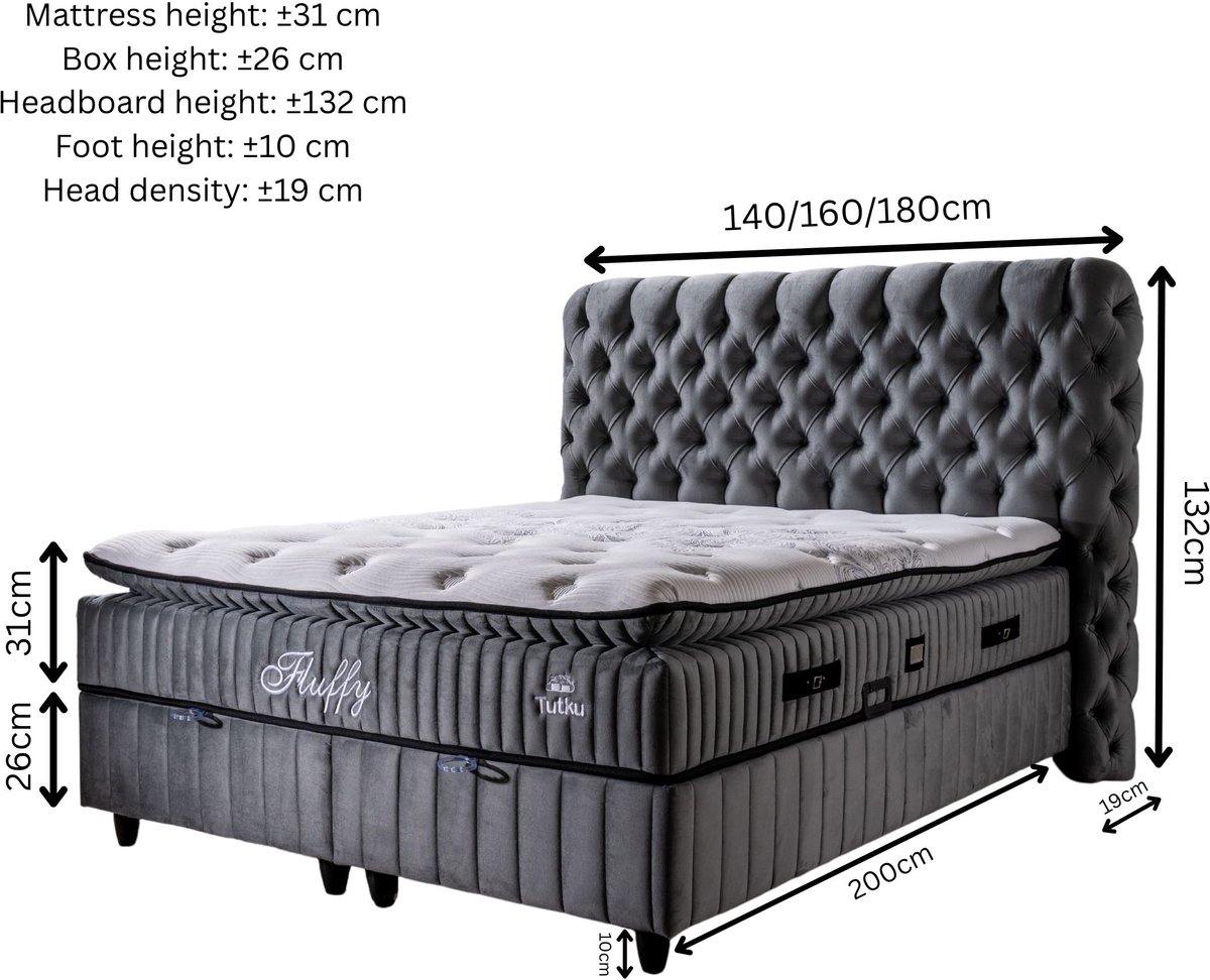 BSS Bedding Antraciet Fluffy - Complete Boxspring - Boxspring - Inclusief Dekbed - 180x200 - Slaapkamerbed - 1 x Matras met Topper - 2 x Bedbox - 1 x Hoofdbord - Antraciet thumbnail 7