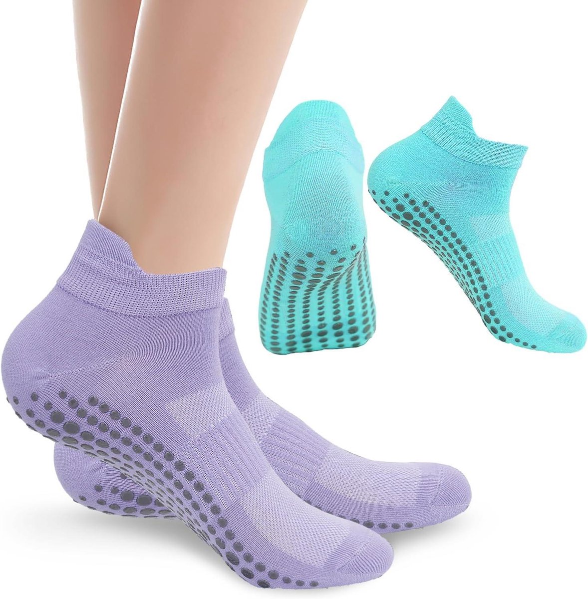 Allecto Plus - Pilates Sokken met Grip voor Vrouwen - Yoga Sokken - Antislip Grijp Sokken voor Ballet en Barre Workout - Sportbenodigdheden - Set van 2 Paar - Blauw en Lavendel Paars