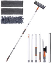 Nettoyeur de vitres - Set professionnel 2 en 1 - Manche télescopique en aluminium 165 cm - Avec 3 chiffons interchangeables (microfibre + chenille) - Pour un nettoyage parfait des vitres sans traces
