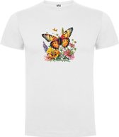 Wit T-Shirt met “Prachtige grote Vlinder met kleurrijke bloemen - Voorjaar“ Print Full Color Maat 2XL