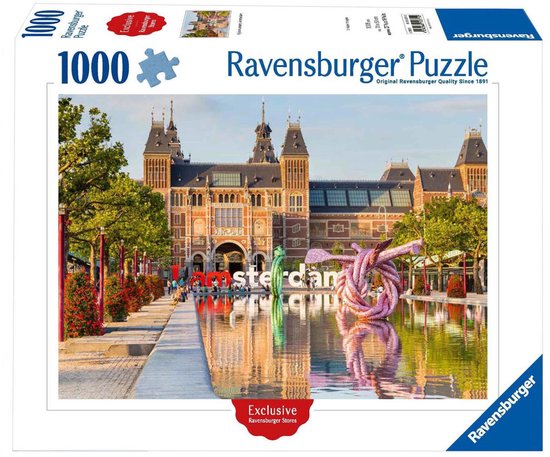 Ravensburger puzzel van 1000 stukjes van het Rijksmuseum in Amsterdam met de tekst 'I amsterdam'.