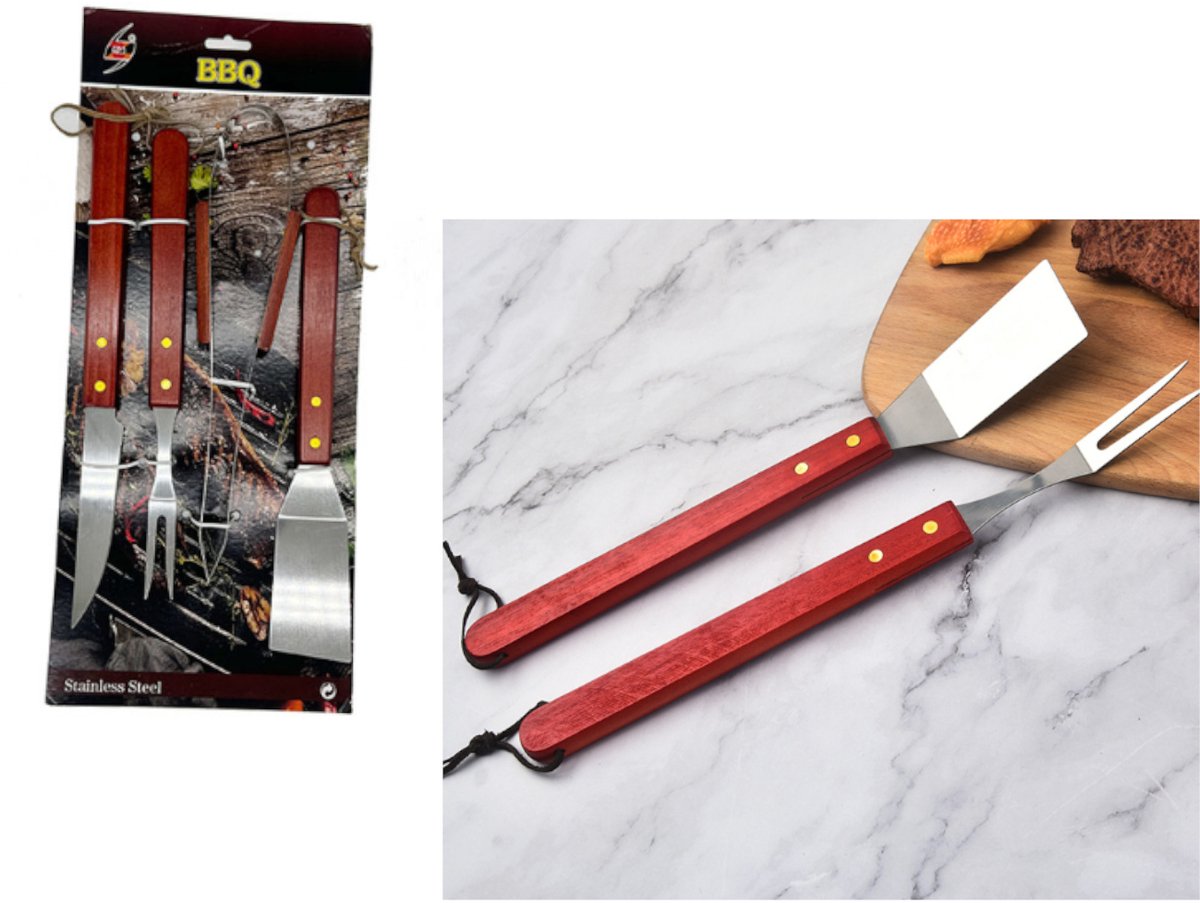 Borvat® - 4-delige RVS Barbecue Gereedschapset – Tang, Vork, Mes en Spatel met Houten Handvat en Full Tang Constructie