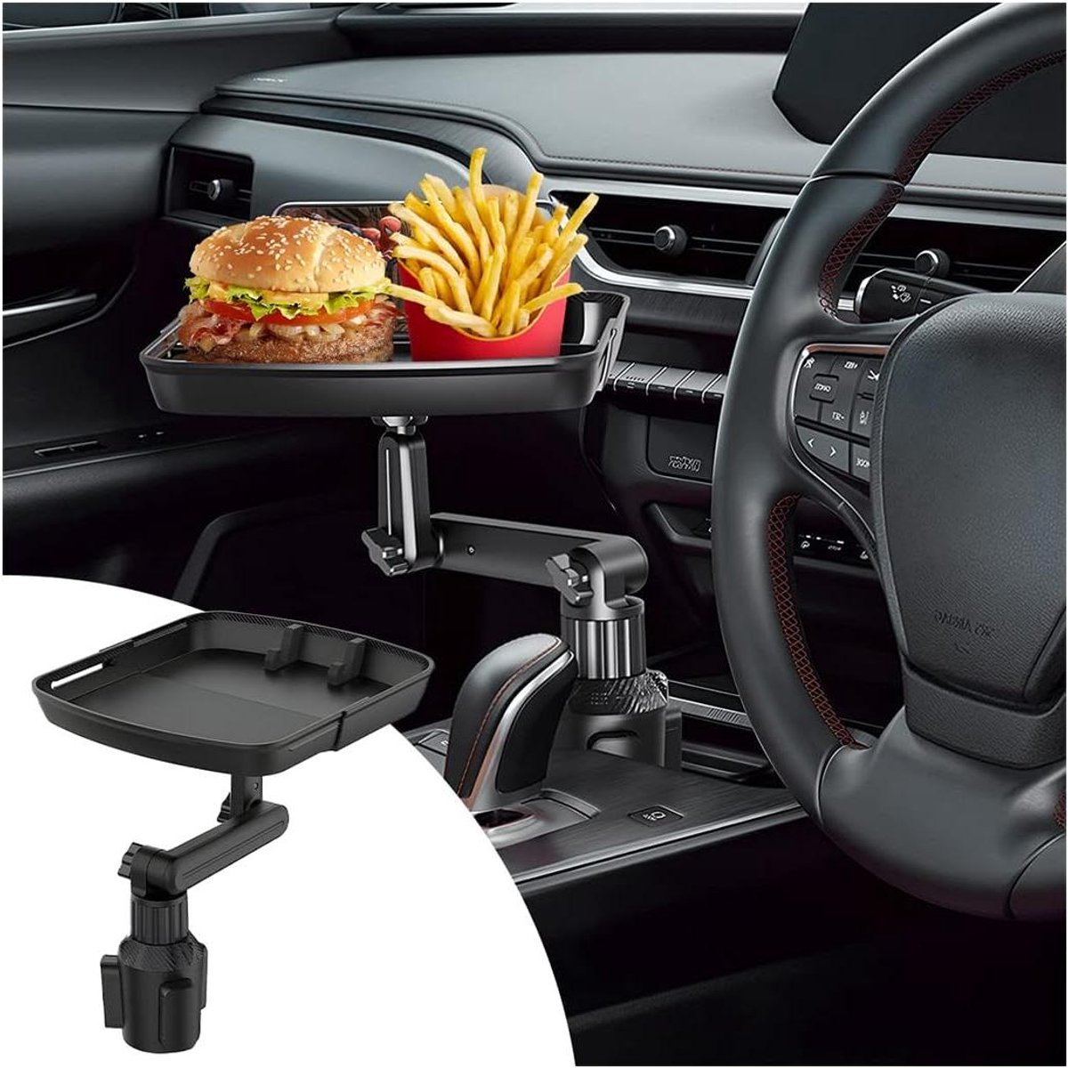 Allecto Plus - Car Cup Holder Table Tray voor in de auto met telefoonhouder - Multifunctionele snacktafel - 360 graden verstelbaar