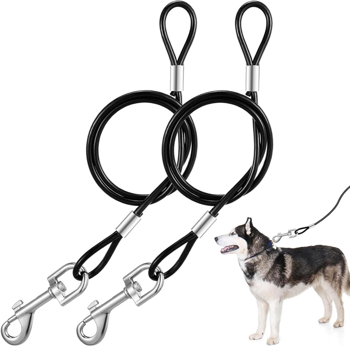 Allecto Plus - Set van 2 kauwbestendige hondenriemen, 66 cm, Tie-Out lijnen voor honden, metalen kabel lijn met gevoerde handgreep, voor grote en kleine hondentraining